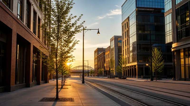 Midwestern big-city commercial street of brick and glass mid-rise buildings with a light-rail line and young street trees, St. Paul Business License Guide